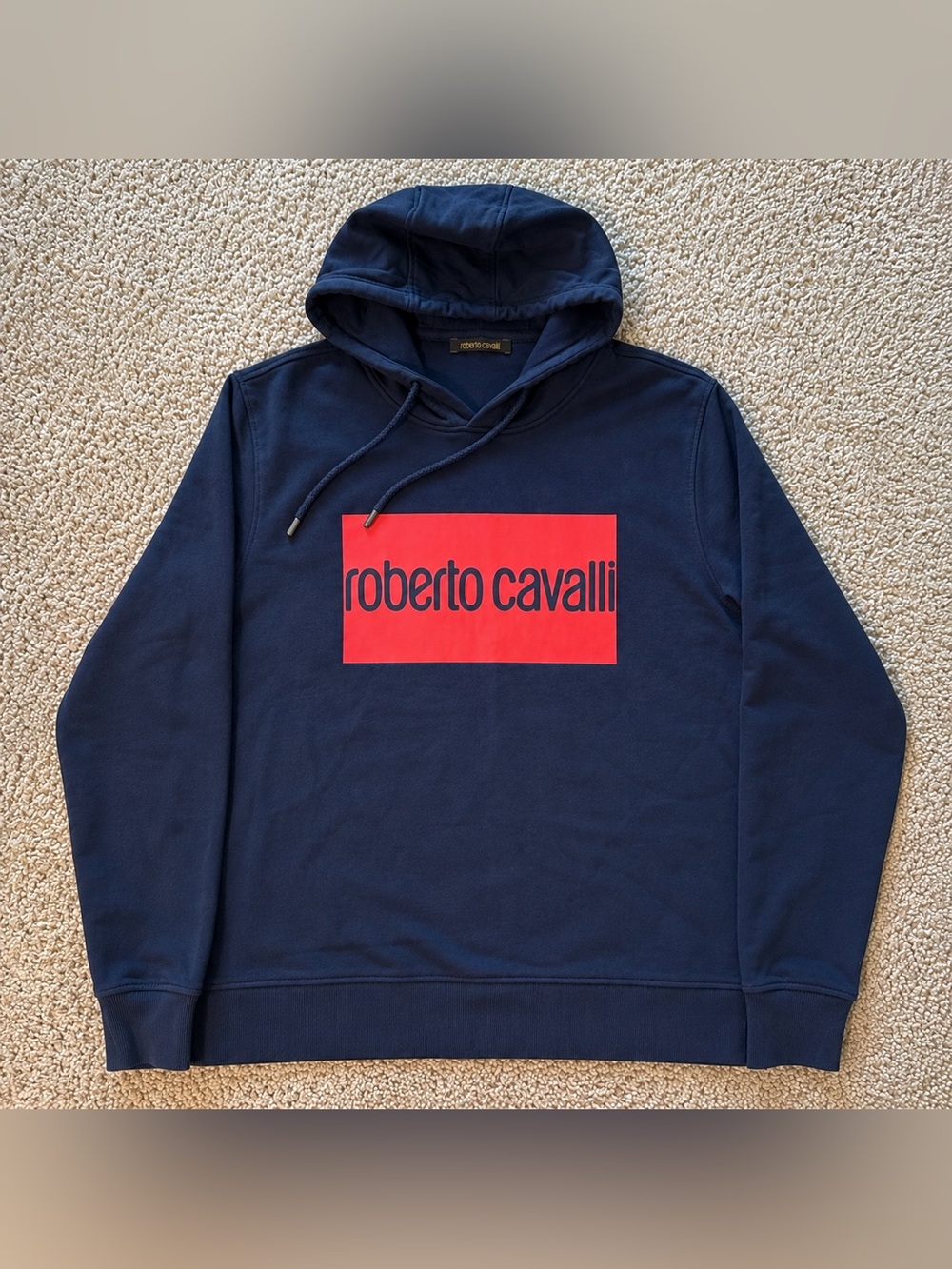 Roberto Cavalli Men’s Blue Pullover Hoodie Red Logo Size XL Luxury Streetwear